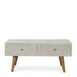 Light Taupe Floral Bone Inlay Coffee Table | Handmade