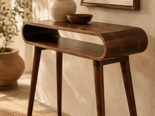 Bright mid century modern living room with solid walnut furniture and natural light.
