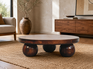 Round wooden coffee table with sculptural sphere legs in a modern living room