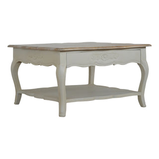 Belle Square Coffee Table Solid Mango Wood Hand-Painted White Carved Apron