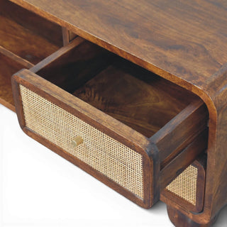 Larissa Rattan Sideboard 4 Cane Drawer Fronts Open Centre Chestnut Bun Feet Natural Rattan