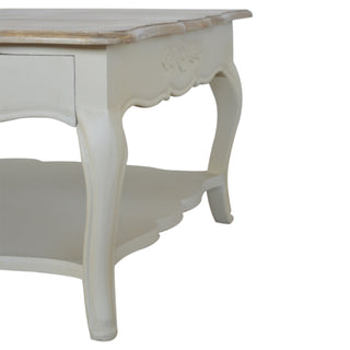 Belle Square Coffee Table Solid Mango Wood Hand-Painted White Carved Apron