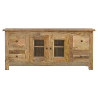 Grain TV Media Unit Hand-Distressed Oak Mango Wood Glazed Cabinet Doors Four Drawers Farmhouse Feet