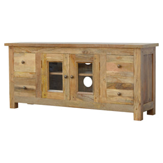 Grain TV Media Unit Hand-Distressed Oak Mango Wood Glazed Cabinet Doors Four Drawers Farmhouse Feet
