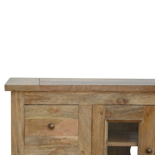 Grain TV Media Unit Hand-Distressed Oak Mango Wood Glazed Cabinet Doors Four Drawers Farmhouse Feet