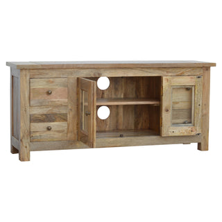 Grain TV Media Unit Hand-Distressed Oak Mango Wood Glazed Cabinet Doors Four Drawers Farmhouse Feet