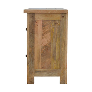 Grain TV Media Unit Hand-Distressed Oak Mango Wood Glazed Cabinet Doors Four Drawers Farmhouse Feet