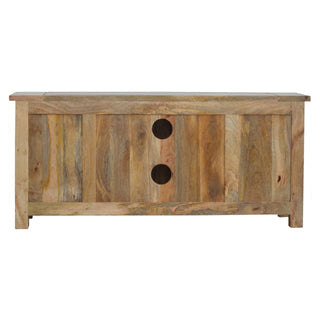 Grain TV Media Unit Hand-Distressed Oak Mango Wood Glazed Cabinet Doors Four Drawers Farmhouse Feet