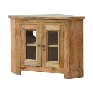 Nook Corner Media Unit Hand-Distressed Mango Wood Glazed Cabinet Doors with Round Knobs