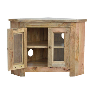 Nook Corner Media Unit Hand-Distressed Mango Wood Glazed Cabinet Doors with Round Knobs