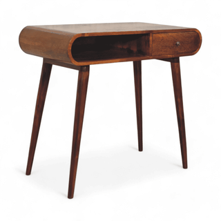 Angled view of the console table showcasing its open storage and elegant design with rounded edges.