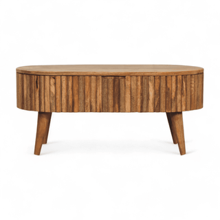 Back view of the coffee table, emphasizing its continuous wood slat pattern and rounded edges. 