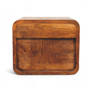 Back view of the chestnut nightstand showing its flat wooden panel.
