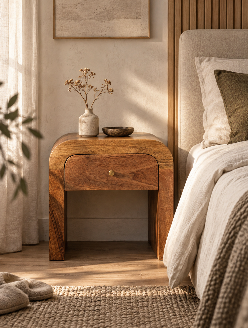 Rounded wooden nightstand beside a bed in a warm, naturally lit bedroom with linen bedding and neutral decor.