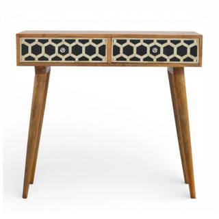 Bone Inlay Console Table Honeycomb Black White Brass Knobs
