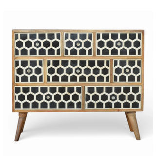 Bone Inlay Chest of Drawers Honeycomb Black White Glass Knobs