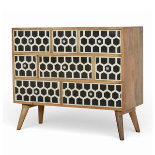 Bone Inlay Chest of Drawers Honeycomb Black White Glass Knobs