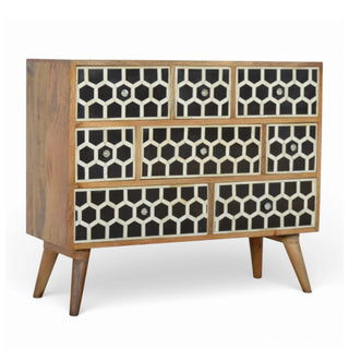 Bone Inlay Chest of Drawers Honeycomb Black White Glass Knobs