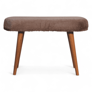 Straight front view of the Brown Bench with minimalist Nordic-style wooden legs and soft upholstery.