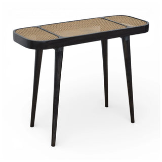 Larissa Rattan Console Table Woven Cane Top Carbon Black Splayed Legs Natural Rattan