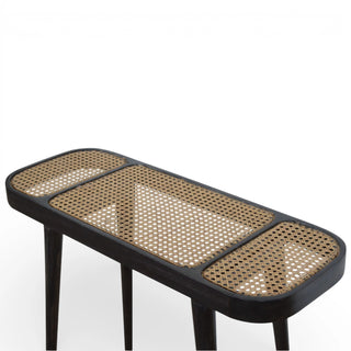 Larissa Rattan Console Table Woven Cane Top Carbon Black Splayed Legs Natural Rattan