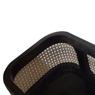 Larissa Rattan Tray Table Cane Panels Carbon Black Raised Lip Top Natural Rattan
