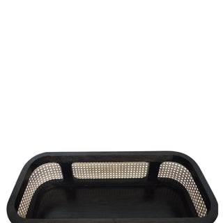 Larissa Rattan Tray Table Cane Panels Carbon Black Raised Lip Top Natural Rattan