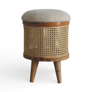 Larissa Rattan Footstool Cane Drum Body Cream Boucle Seat Nordic Legs Natural Rattan