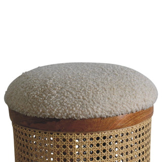 Larissa Rattan Footstool Cane Drum Body Cream Boucle Seat Nordic Legs Natural Rattan
