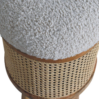 Larissa Rattan Footstool Cane Drum Body Cream Boucle Seat Nordic Legs Natural Rattan