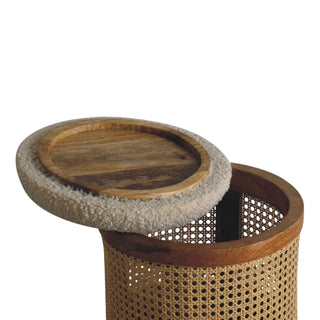 Larissa Rattan Footstool Cane Drum Body Cream Boucle Seat Nordic Legs Natural Rattan