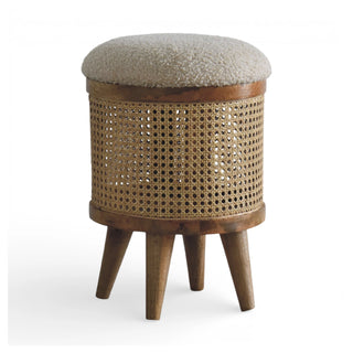 Larissa Rattan Footstool Cane Drum Body Cream Boucle Seat Nordic Legs Natural Rattan