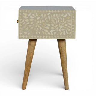 Floral Grey Bone Inlay Bedside Table | Solid Mango Wood