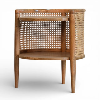 Round Rattan Bedside Table | Solid Mango Wood