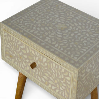 Floral Grey Bone Inlay Bedside Table | Solid Mango Wood