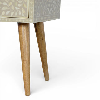 Floral Grey Bone Inlay Bedside Table | Solid Mango Wood