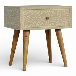 Floral Grey Bone Inlay Bedside Table | Solid Mango Wood