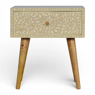 Floral Grey Bone Inlay Bedside Table | Solid Mango Wood