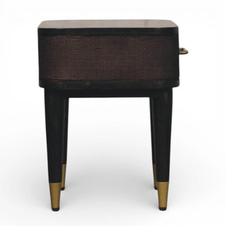 Dark Wood Rattan Bedside Table with Brass Legs | Solid Mango Wood