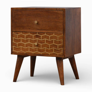 Gold Pattern 2 Drawer Bedside Table | Chestnut Mango Wood