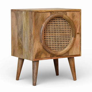 Round Rattan Door Bedside Table | Solid Mango Wood