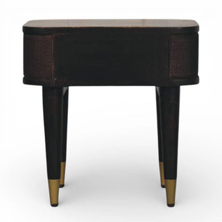Dark Wood Rattan Bedside Table with Brass Legs | Solid Mango Wood