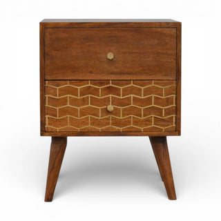Gold Pattern 2 Drawer Bedside Table | Chestnut Mango Wood