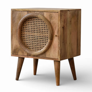 Round Rattan Door Bedside Table | Solid Mango Wood