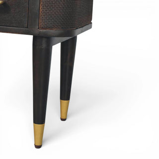 Dark Wood Rattan Bedside Table with Brass Legs | Solid Mango Wood