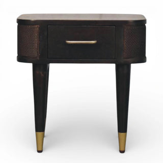 Dark Wood Rattan Bedside Table with Brass Legs | Solid Mango Wood