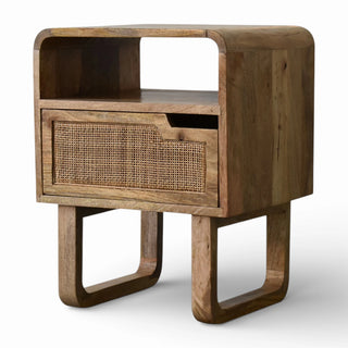 Rattan Bedside Table with Handle & Open Shelf | Solid Mango Wood