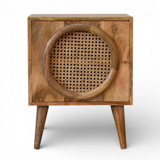Round Rattan Door Bedside Table | Solid Mango Wood
