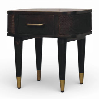 Dark Wood Rattan Bedside Table with Brass Legs | Solid Mango Wood