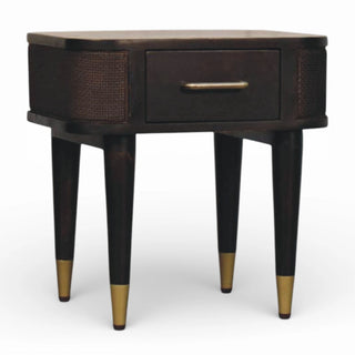Dark Wood Rattan Bedside Table with Brass Legs | Solid Mango Wood